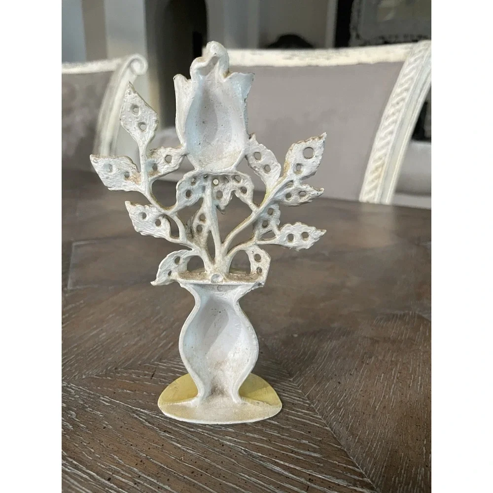 Vtg Cast Metal Yellow Rose Vase Shaped Earring Organizer 70s Boho‎ Vanity 6.5